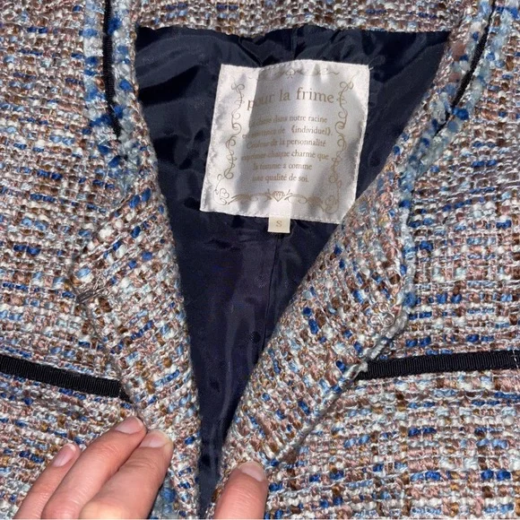 Tweed Blue Knitted Jacket Women Small Hookeye close Pockets Church Wedding Guest - Picture 7 of 7